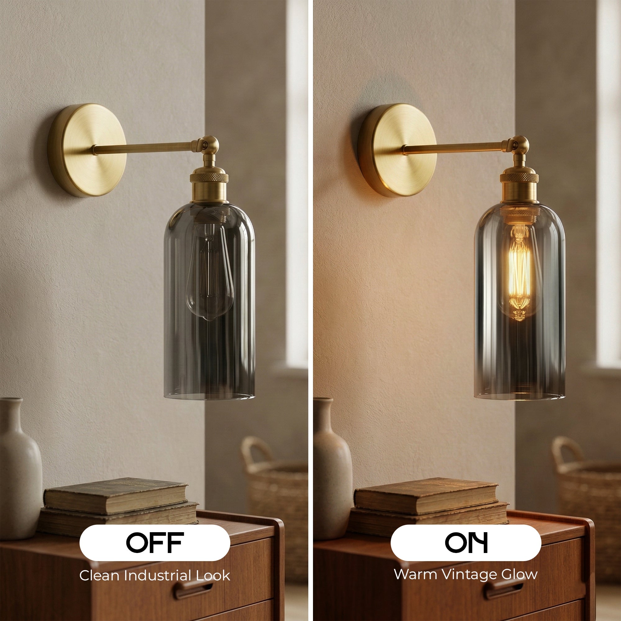 Adjustable Vintage Brass Wall Sconce Smoked Grey Glass Wall Lamp ~6718