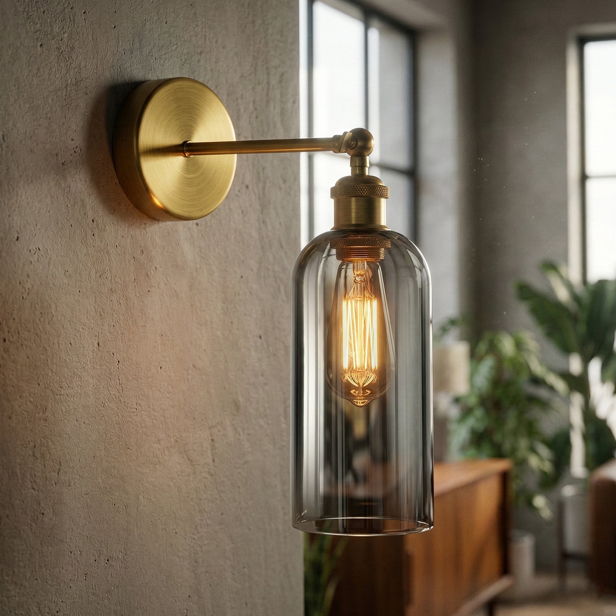 Adjustable Vintage Brass Wall Sconce Smoked Grey Glass Wall Lamp ~6718