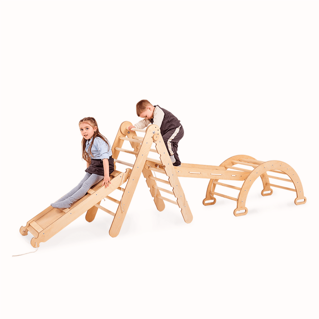 4in1 Montessori Climbing Frame: Pikler Triangle + Climbing Arch + Slide Board + Net – Beige