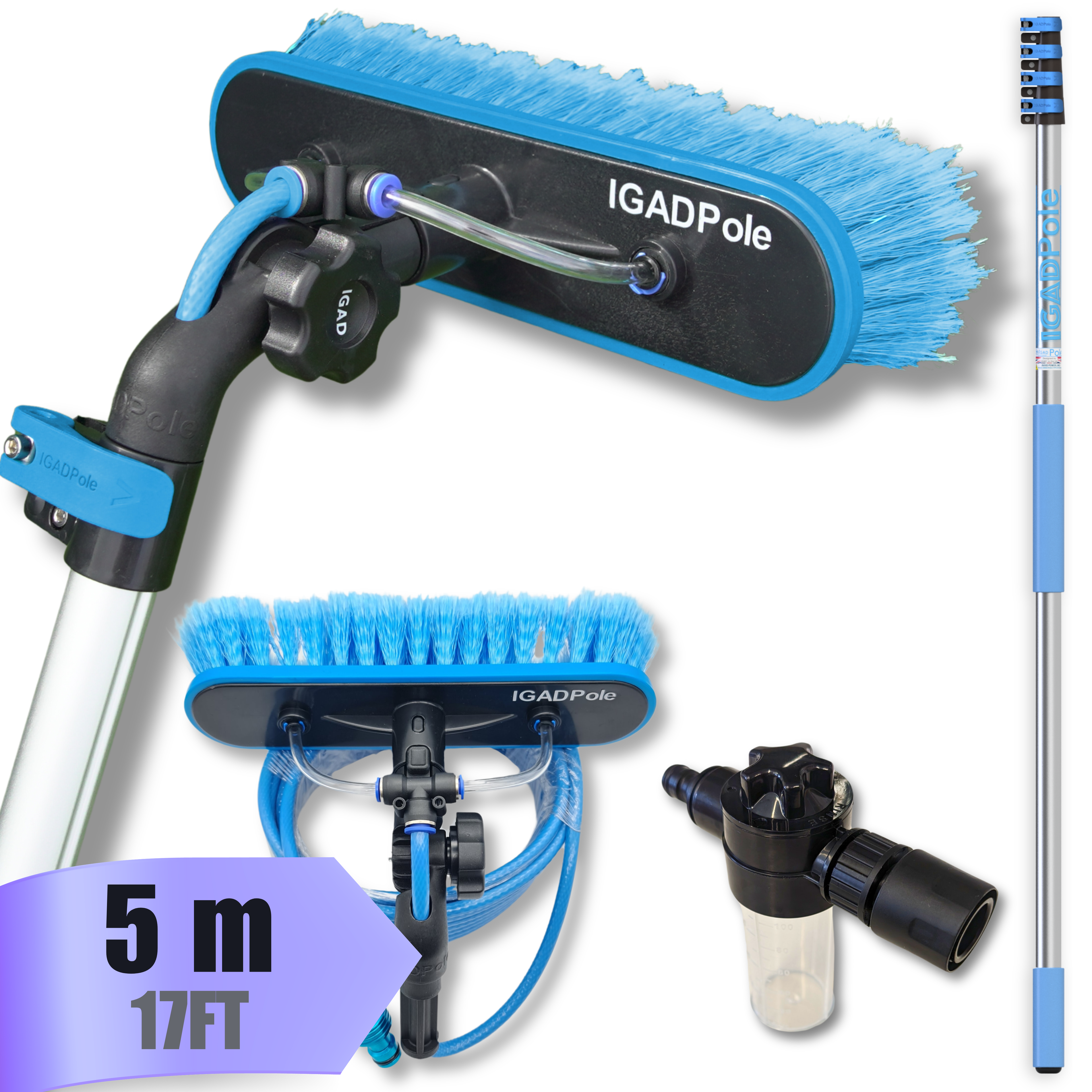 IGAD Pole 5m (17ft) Extension Pole Kit with Water-fed Brush and Hose, with 4-Stage Telescoping Pole 5-17ft Pole