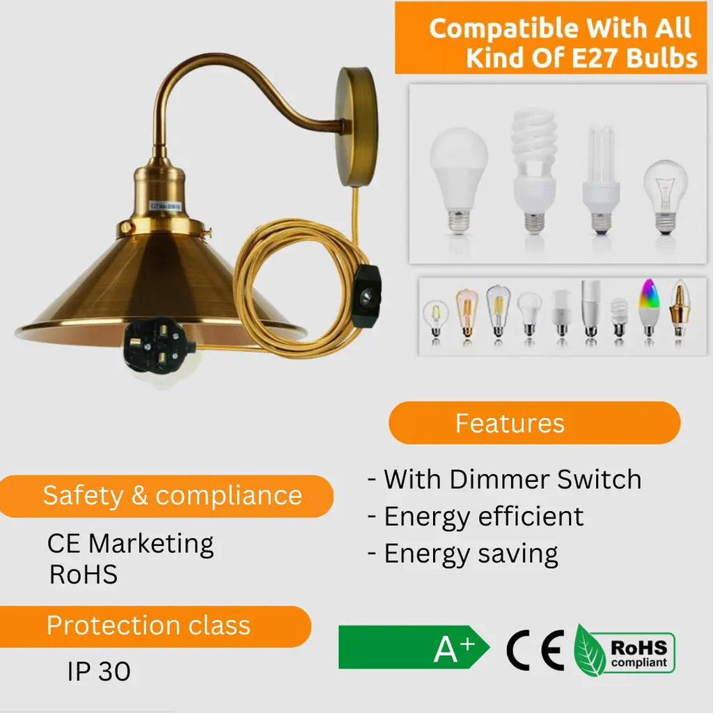 Plug in Wall Lighting 2M Cable Dimmer Switch Light Fittings~5303