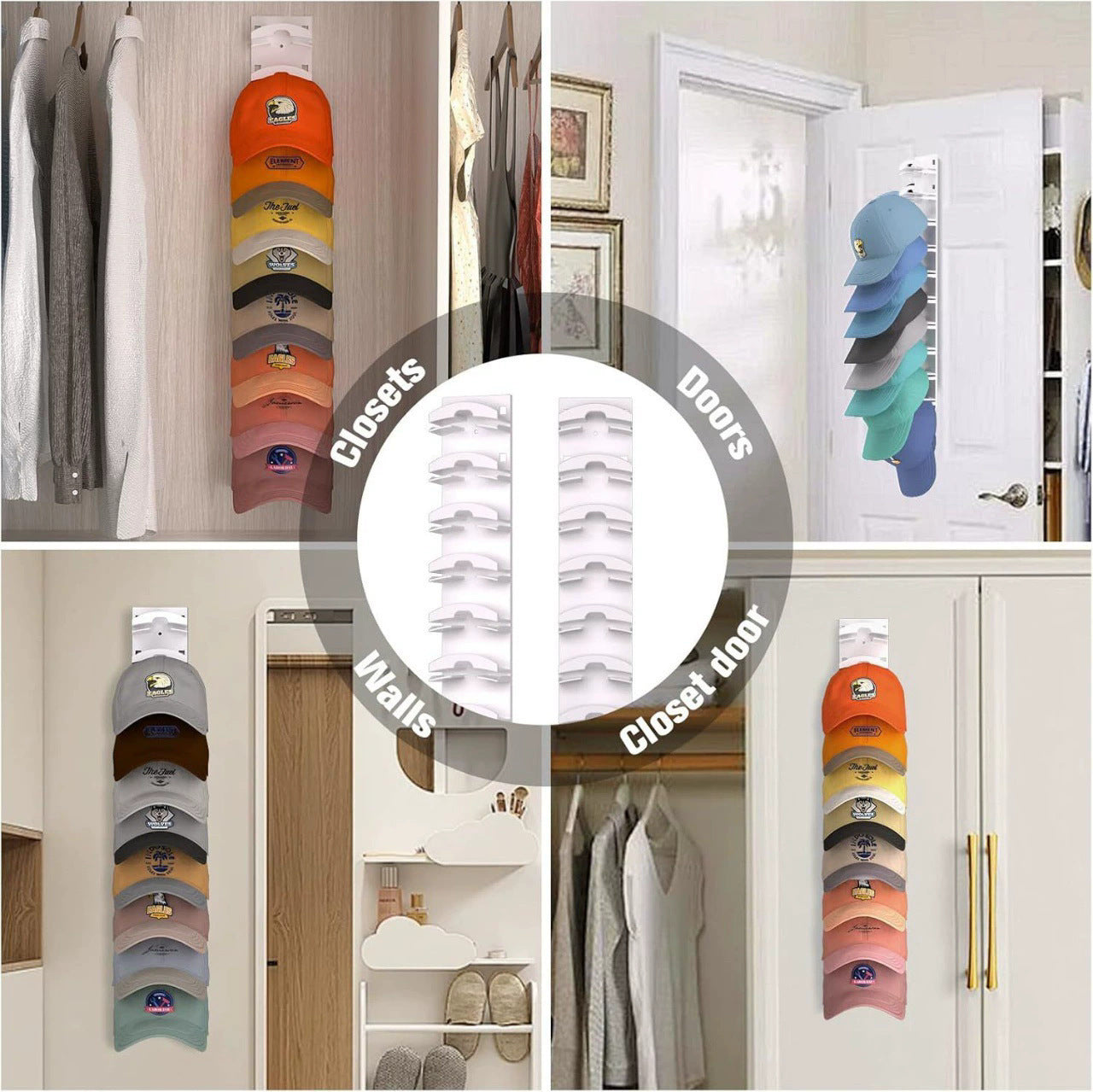 2-Pack 10-Tier Black Wall-Mounted Hat Rack with Installation Accessories - Space-Saving Plastic Baseball Cap and Other Hat Organizers