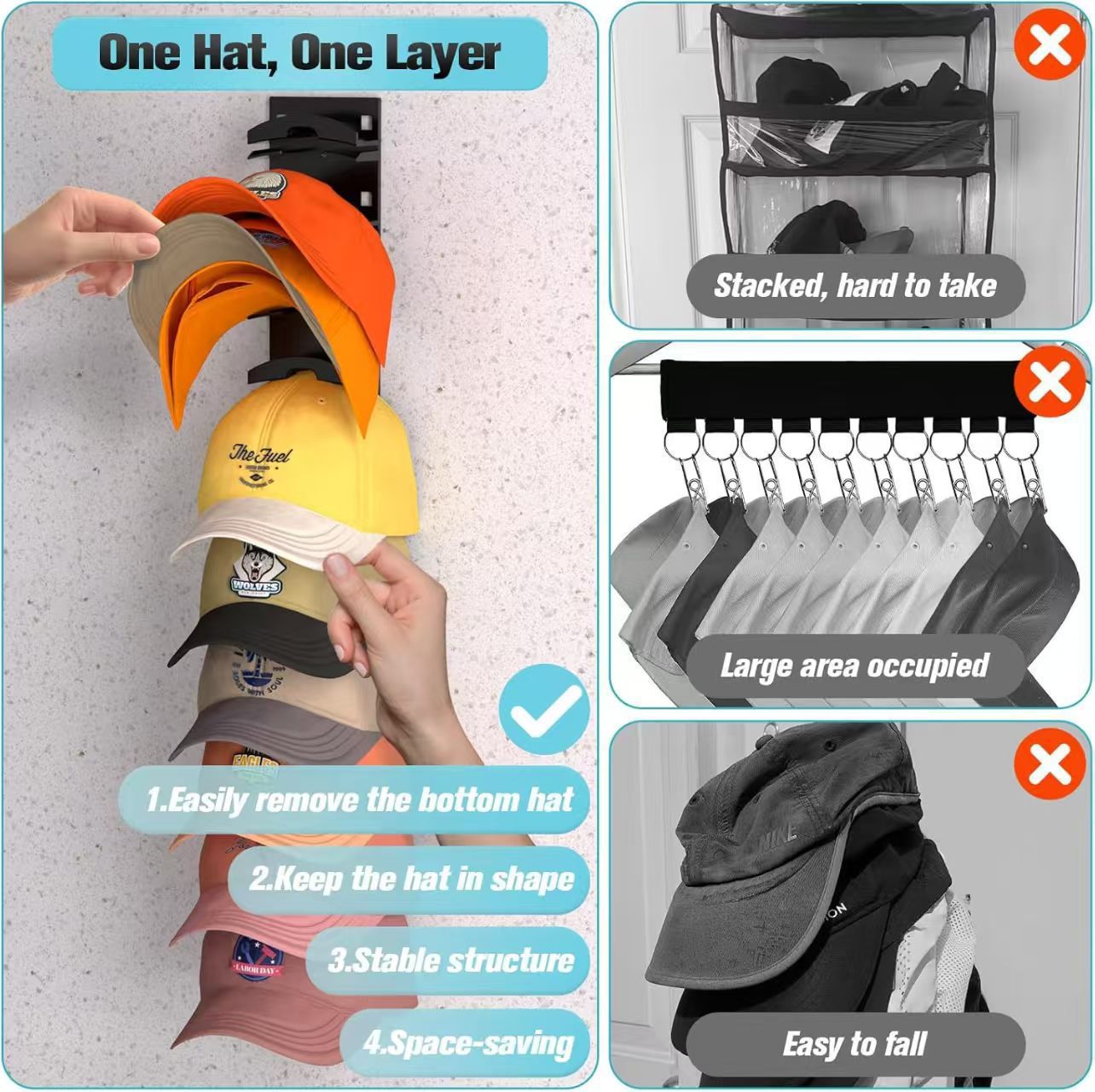 2-Pack 10-Tier Black Wall-Mounted Hat Rack with Installation Accessories - Space-Saving Plastic Baseball Cap and Other Hat Organizers