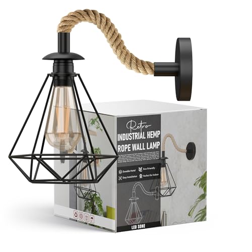 Vintage Hemp Rope Wall Lamp | 20cm Diamond Cage Metal E27 ~6483