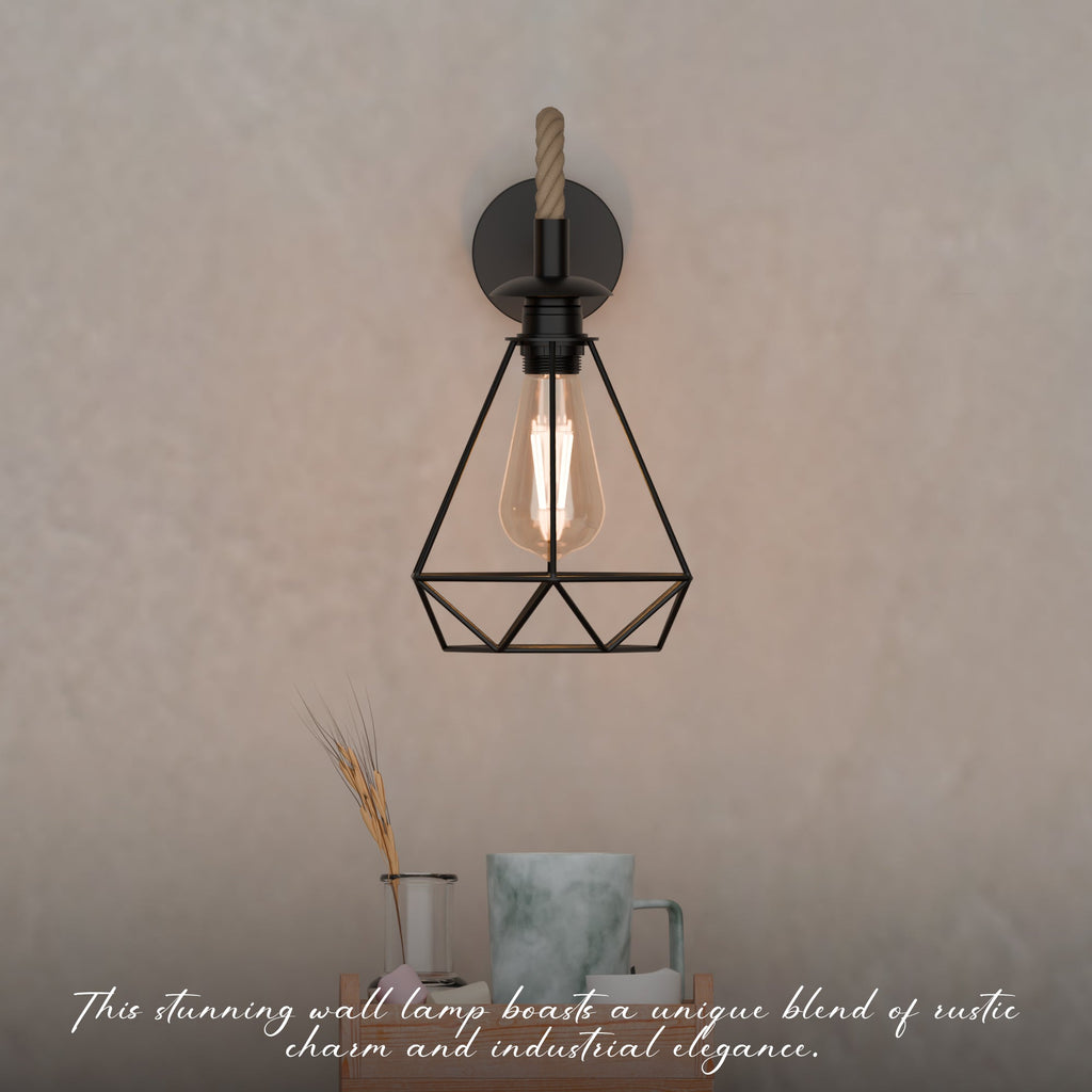 Vintage Hemp Rope Wall Lamp | 20cm Diamond Cage Metal E27 ~6483