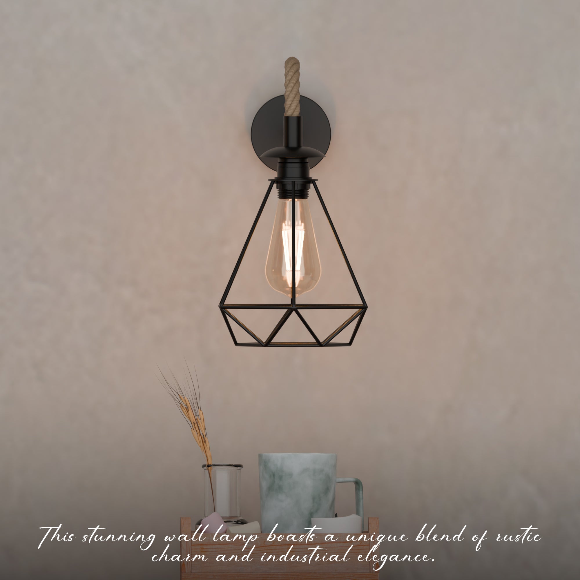 Vintage Hemp Rope Wall Lamp | 20cm Diamond Cage Metal E27 ~6483