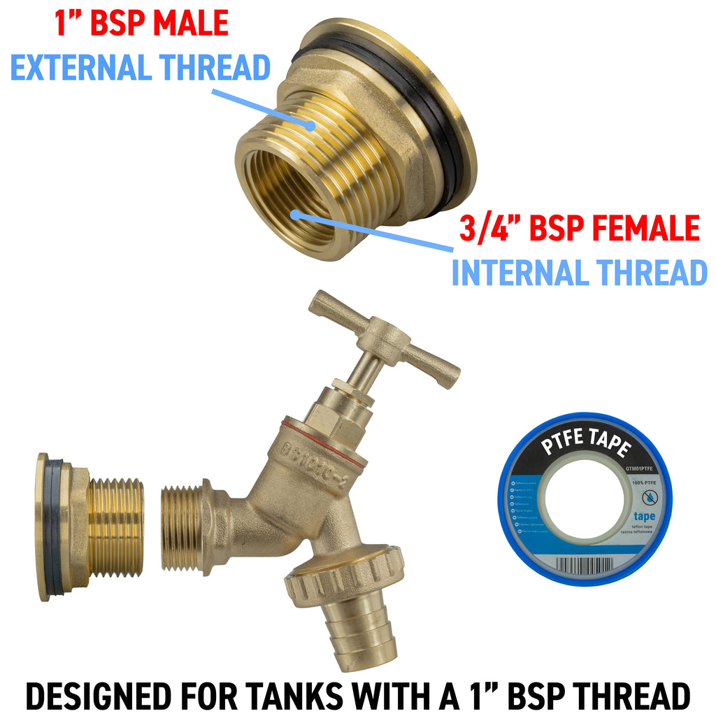Water Butt Brass Kit 1in with Brass Barbed Tap Lawn Sprinkler Hose Connector Set