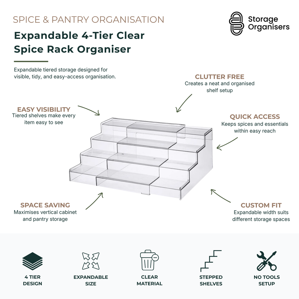 Expandable 4-Tier Clear Spice Rack Organiser