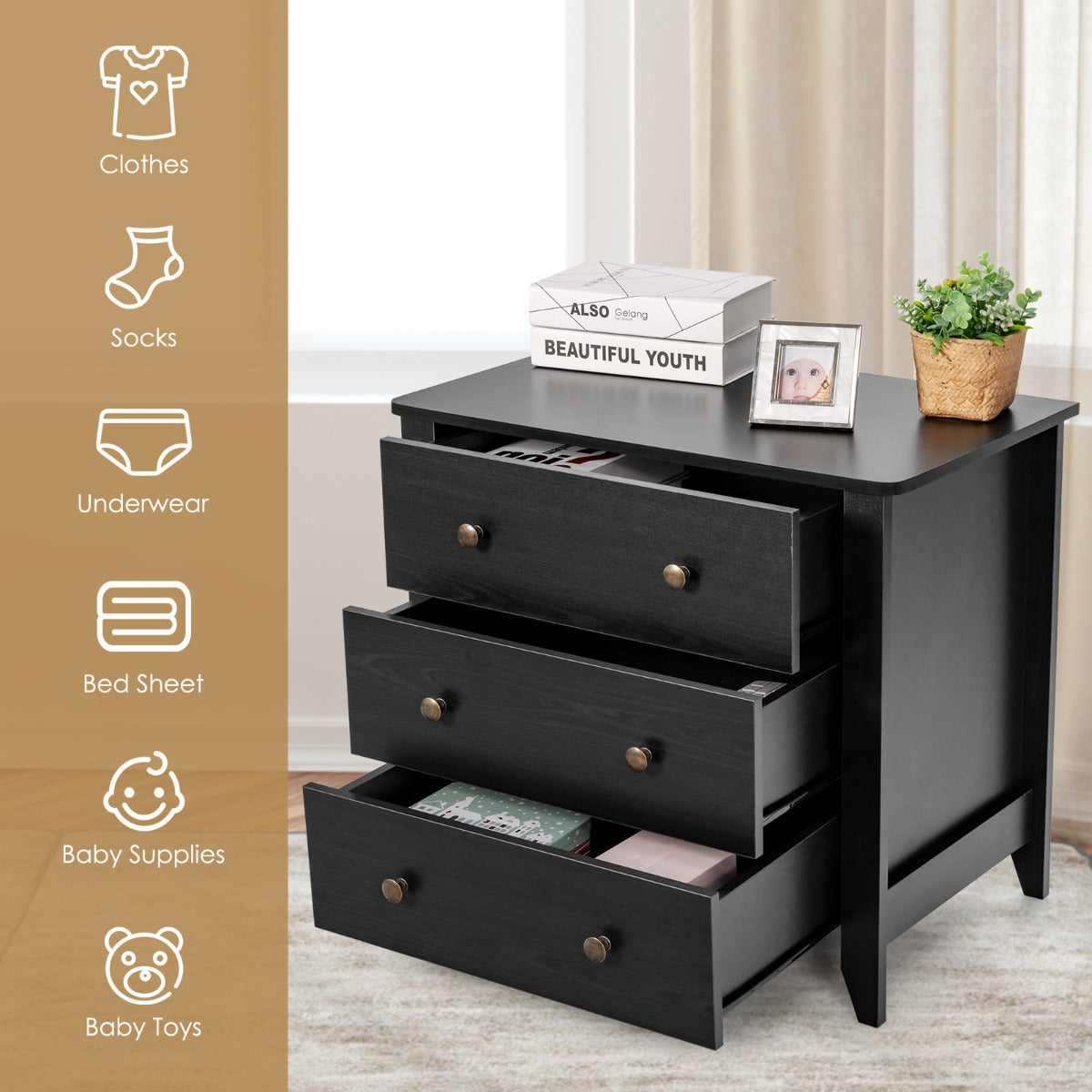 NNECW 3 Chest of Drawers Nightstand for Bedroom